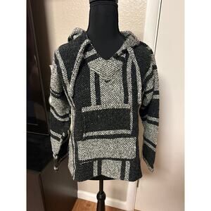 Vintage Style Mexican Baja Poncho - Heavyweight Woven Surf Hoodie - B&W Sz Small